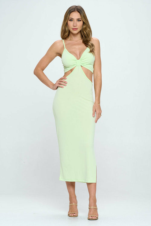 Solid V neck Cutout Dress with Slit